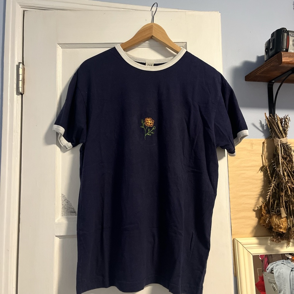 Men's Navy Blue T-Shirt with Hand Embroidered Flower